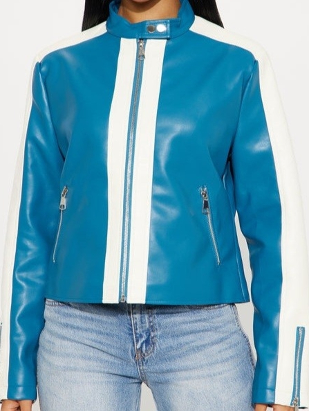 Blue and White Faux Leather Moto Jacket